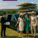 Three elegantly dressed guests arrive at Goodwood Racecourse in a luxury Mercedes, greeted by a professional chauffeur under sunny skies with grandstands in view.