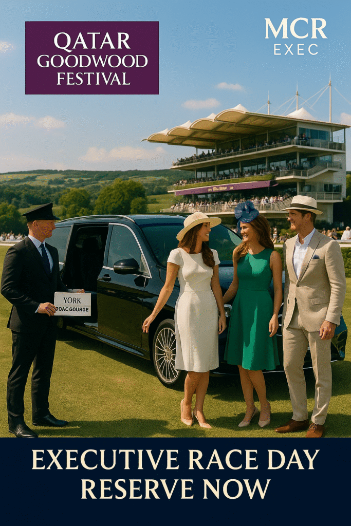 Three elegantly dressed guests arrive at Goodwood Racecourse in a luxury Mercedes, greeted by a professional chauffeur under sunny skies with grandstands in view.