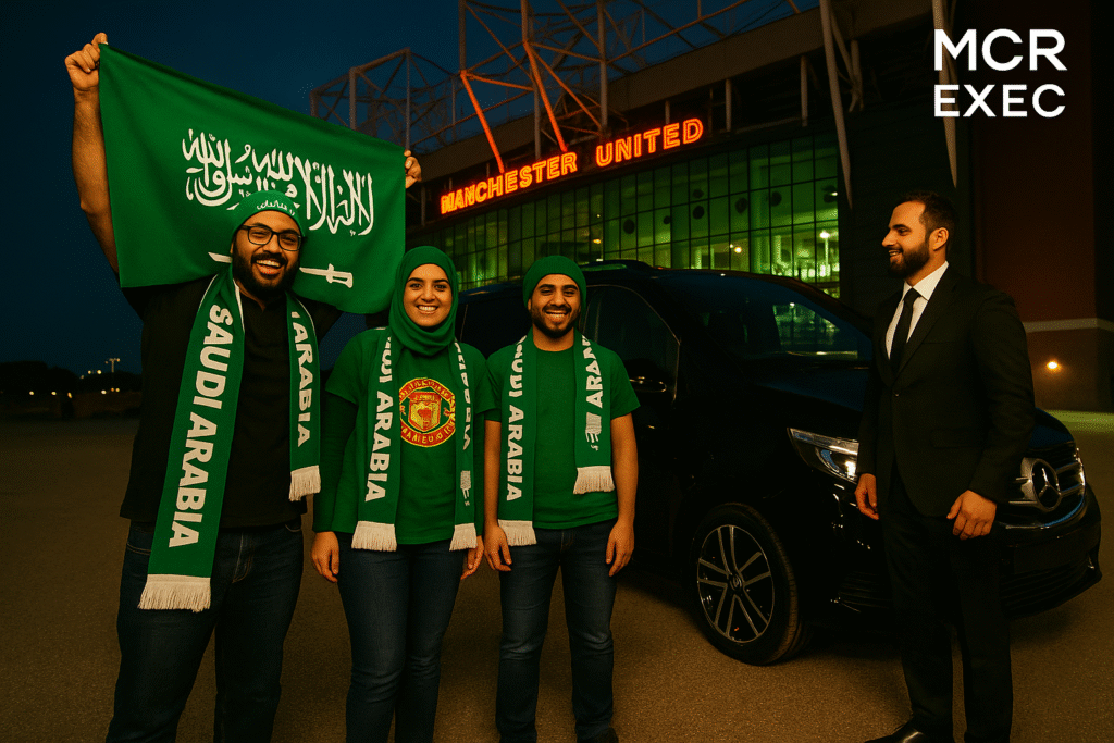 Three Saudi Manchester United fans pose near an MPV with Old Trafford in the background and the MCR EXEC logo visible.