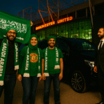 Three Saudi Manchester United fans pose near an MPV with Old Trafford in the background and the MCR EXEC logo visible.