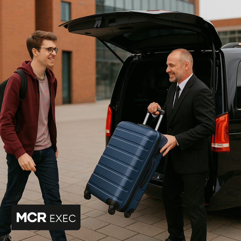A Sheffield Hallam University student loading suitcases into a luxury chauffeur vehicle en route to Manchester Airport