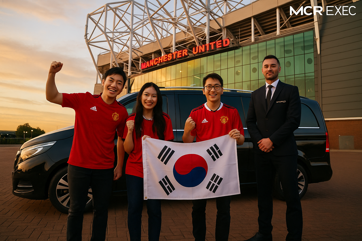 Three South Korean Manchester United fans stand proudly beside a luxury MPV with an MCR EXEC chauffeur outside Old Trafford Stadium.