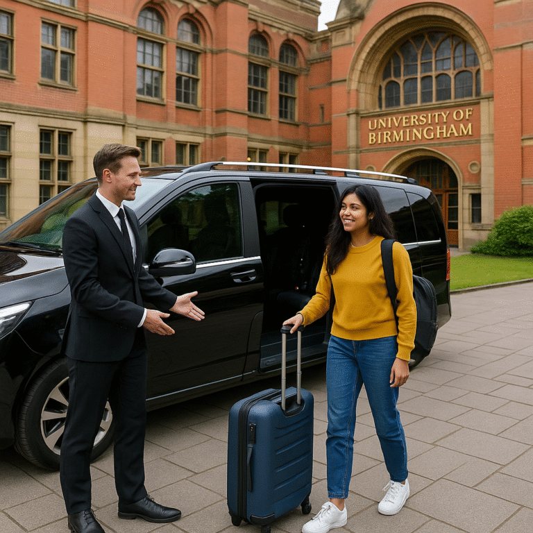 Luxury V-Class waiting outside University of Birmingham campus with chauffeur assisting international student