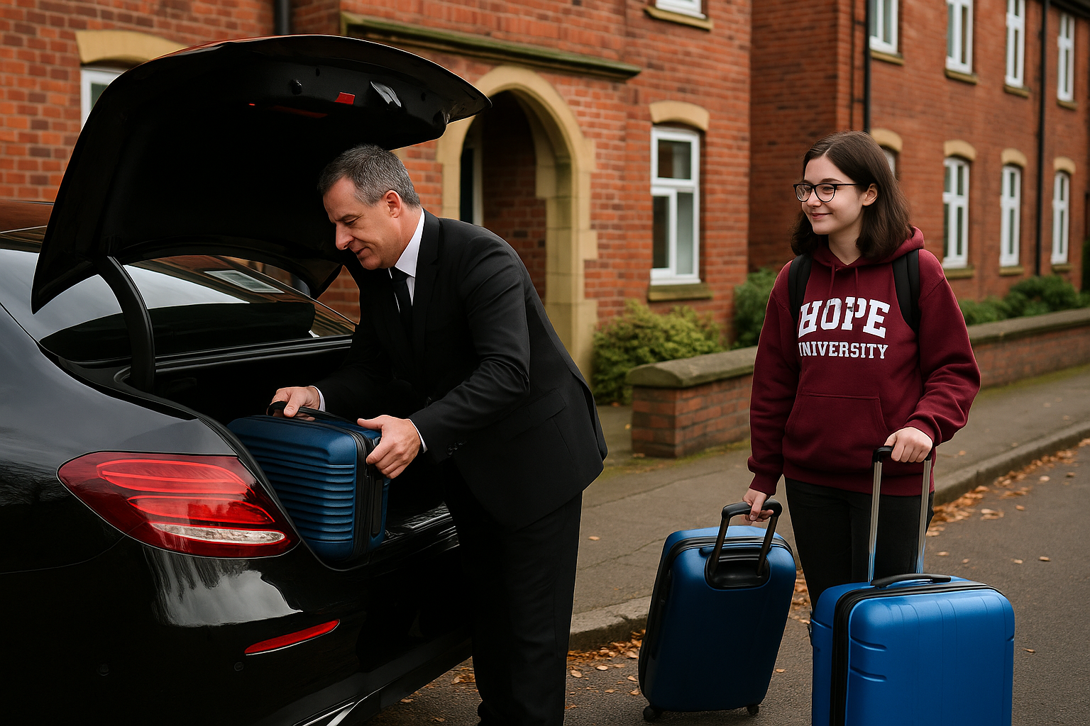 Chauffeur loading luggage into a black Sedan for a Liverpool Hope University student heading to Manchester Airport