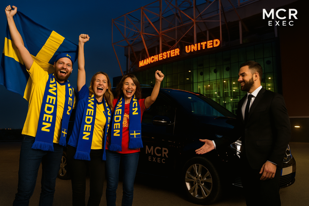 Three Swedish Manchester United fans beside a Mercedes MPV at Old Trafford with MCR EXEC chauffeur and logo visible.