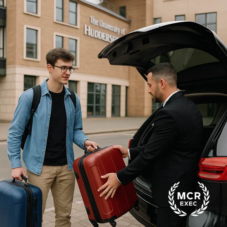 Chauffeur assisting an international student with luggage outside The University of Huddersfield before departing for Manchester Airport