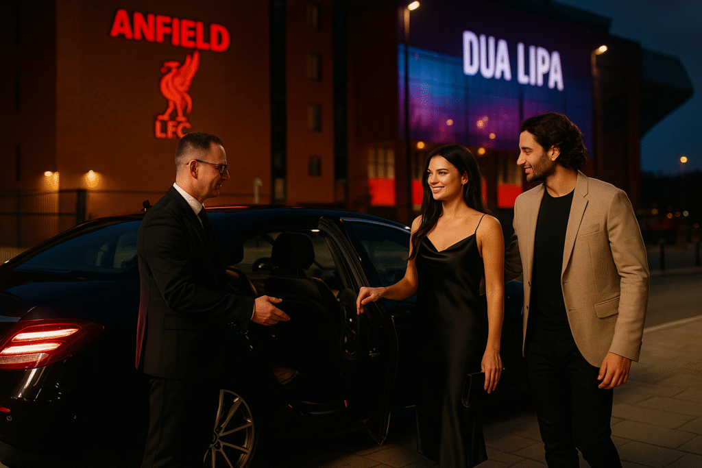 Chauffeur opens car door for a couple outside Anfield Stadium before Dua Lipa concert, with stadium signage glowing in the background