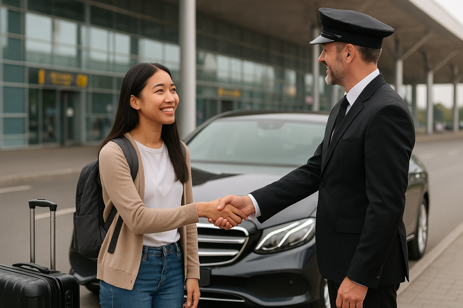 Chauffeur assisting a young Southeast Asian international student with luggage at a UK airport terminal