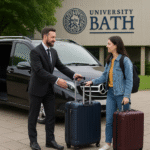 A professional chauffeur assists a female international student with luggage at the entrance of the University of Bath, beside a luxury black MPV vehicle