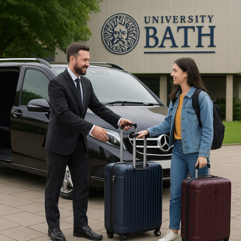 A professional chauffeur assists a female international student with luggage at the entrance of the University of Bath, beside a luxury black MPV vehicle