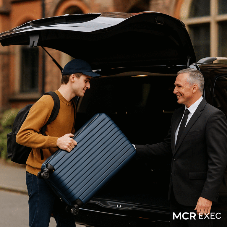 A young male student being assisted by a professional chauffeur while loading luggage into a luxury vehicle near a university campus