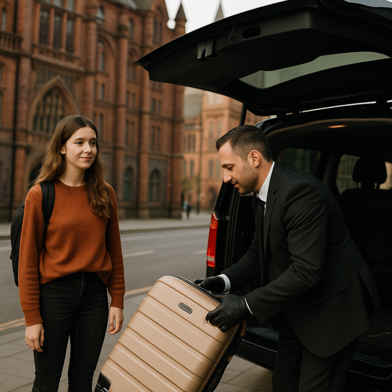 A University of Liverpool international student loading luggage into a black MPV for a chauffeur transfer to Manchester Airport