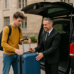 A university student stands beside a luxury vehicle as a chauffeur loads suitcases for a transfer from Sheffield to Manchester Airport
