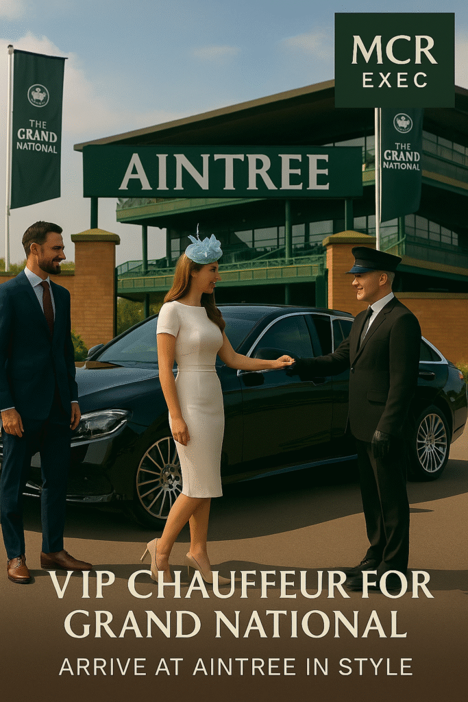 MCR EXEC chauffeur welcomes a race-ready couple at Aintree Racecourse in front of a black Mercedes-Benz during the Grand National.
