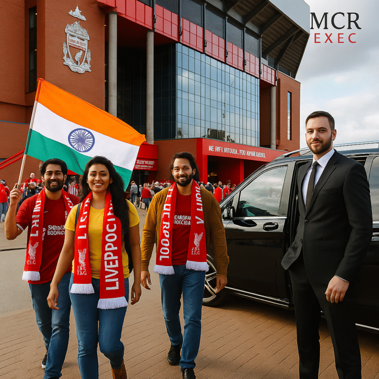 Indian Liverpool FC fans arriving at Anfield with MCR EXEC chauffeur service, luxury Mercedes MPV, Indian flags, match day atmosphere.