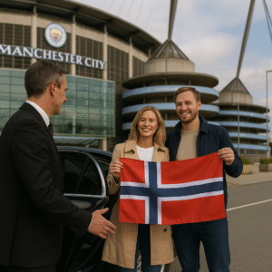 Chauffeur opening luxury car door for Norwegian tourists at Etihad Stadium