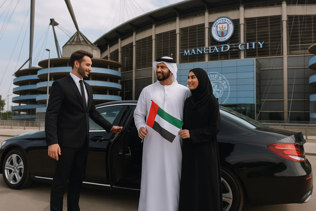 Chauffeur opening luxury car door for Emirati tourists holding UAE flag outside Etihad Stadium