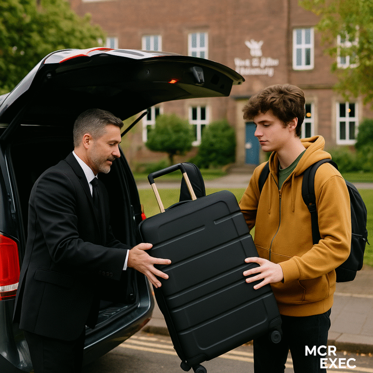 A professional chauffeur assists a York St John University student loading a large suitcase into the boot of an executive vehicle