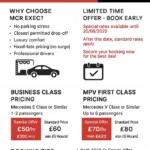 Poster detailing MCR EXEC chauffeur pricing for Dua Lipa's Anfield concerts on 24th and 25th June 2025, with business and MPV class rates and booking tips