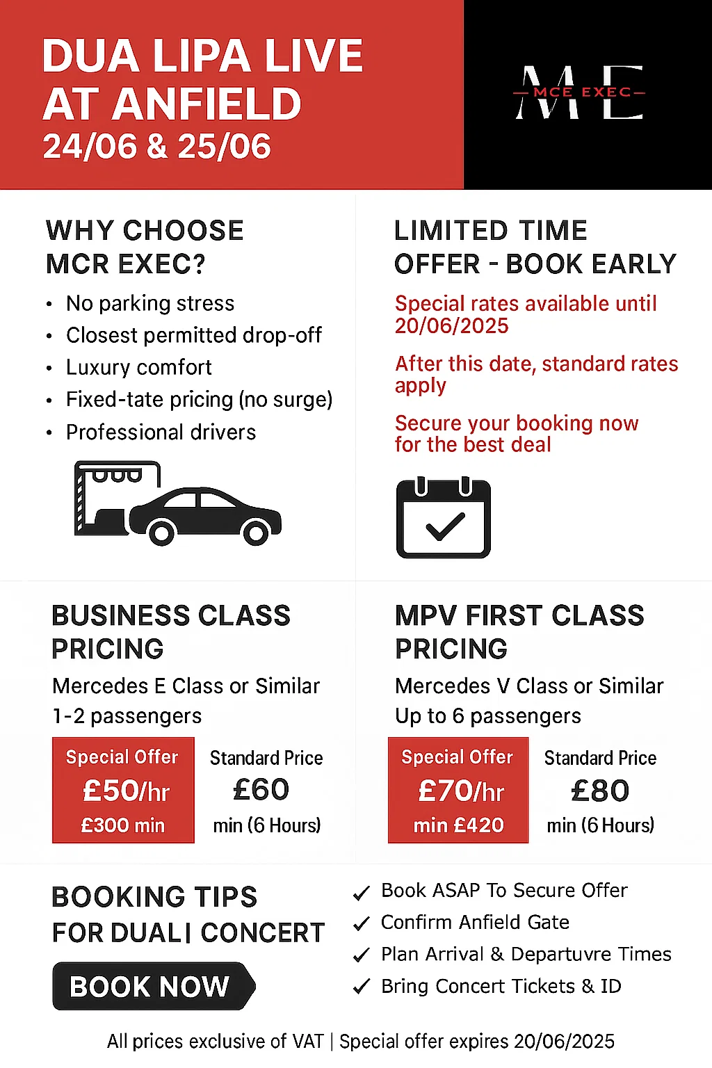Poster detailing MCR EXEC chauffeur pricing for Dua Lipa's Anfield concerts on 24th and 25th June 2025, with business and MPV class rates and booking tips