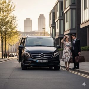 Manchester to Aintree Chauffeur service with black 2025 Mercedes V-Class by MCR-EXEC departing Manchester for Grand National race day.