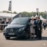 VIP Chauffeur for Grand National featuring a black 2025 Mercedes V-Class by MCR-EXEC arriving at Aintree Racecourse with chauffeur assisting VIP race-day guests.