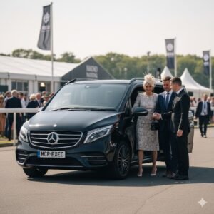 VIP Chauffeur for Grand National featuring a black 2025 Mercedes V-Class by MCR-EXEC arriving at Aintree Racecourse with chauffeur assisting VIP race-day guests.