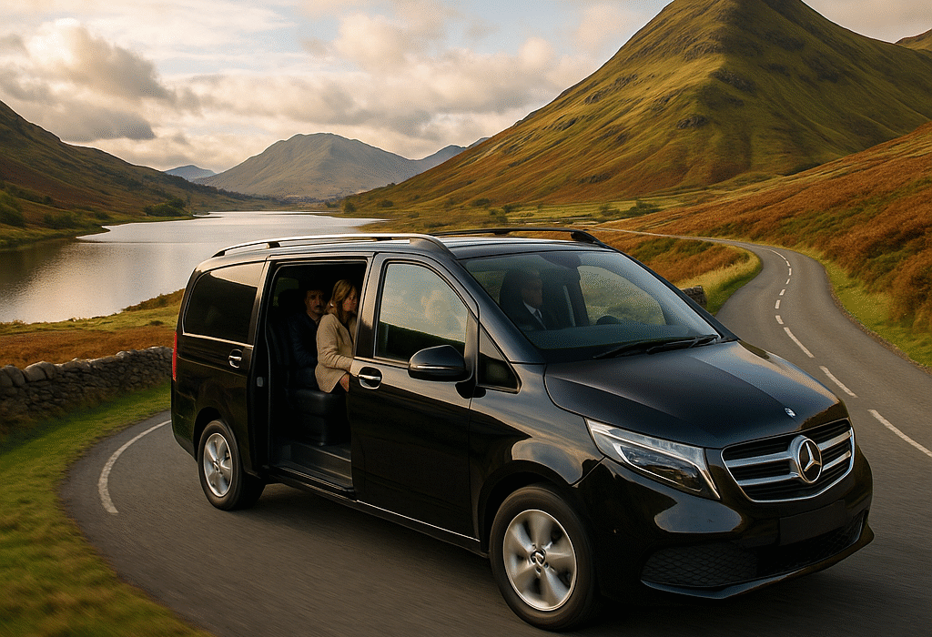 Luxury Mercedes V-Class chauffeur van drives along a winding UK mountain road near a lake, with relaxed passengers enjoying the view.