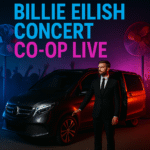 A professional chauffeur standing next to a luxury black Mercedes MPV outside Co-op Live at night, with vivid neon lights and cheering fans in the background for the Billie Eilish concert.