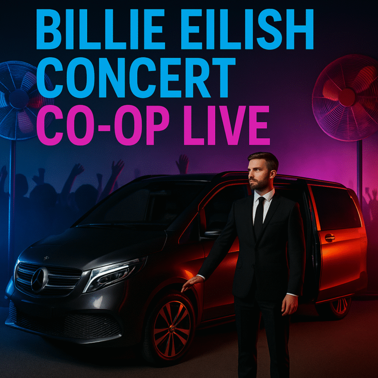 A professional chauffeur standing next to a luxury black Mercedes MPV outside Co-op Live at night, with vivid neon lights and cheering fans in the background for the Billie Eilish concert.