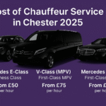 Three black Mercedes vehicles (E-Class, V-Class MPV, S-Class) promoting chauffeur hire prices in Chester for 2025 by MCR EXEC.