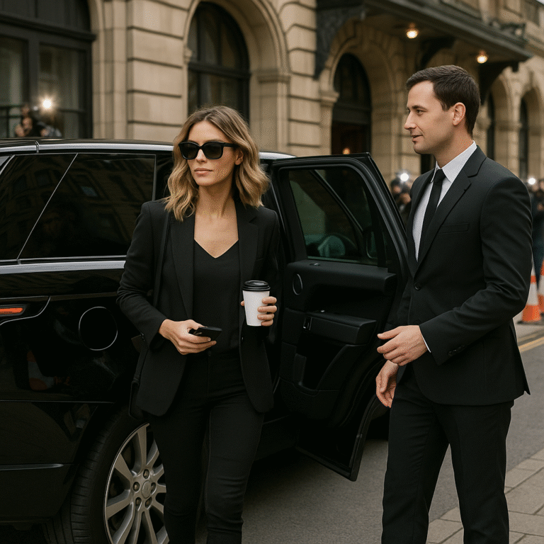 A fashionable woman in black steps out of a luxury Range Rover in Manchester, assisted by a professional chauffeur, with paparazzi in the background.