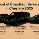 Рекламное изображение MCR EXEC с черными автомобилями Mercedes и почасовой оплатой услуг шофера в Чешире в 2025 году.