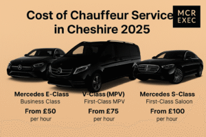 MCR EXEC promotional image showing black Mercedes vehicles and hourly chauffeur rates in Cheshire 2025.