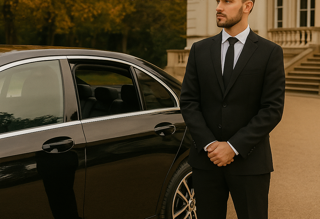 Corporate chauffeur in suit beside black car outside luxury building