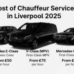Three black Mercedes chauffeur vehicles with 2025 pricing in Liverpool by MCR EXEC