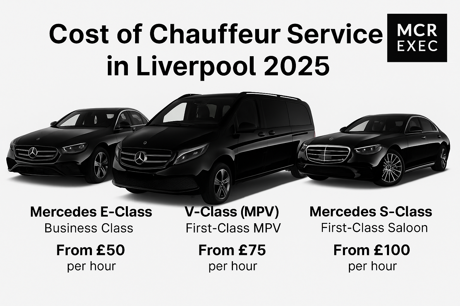 Three black Mercedes chauffeur vehicles with 2025 pricing in Liverpool by MCR EXEC