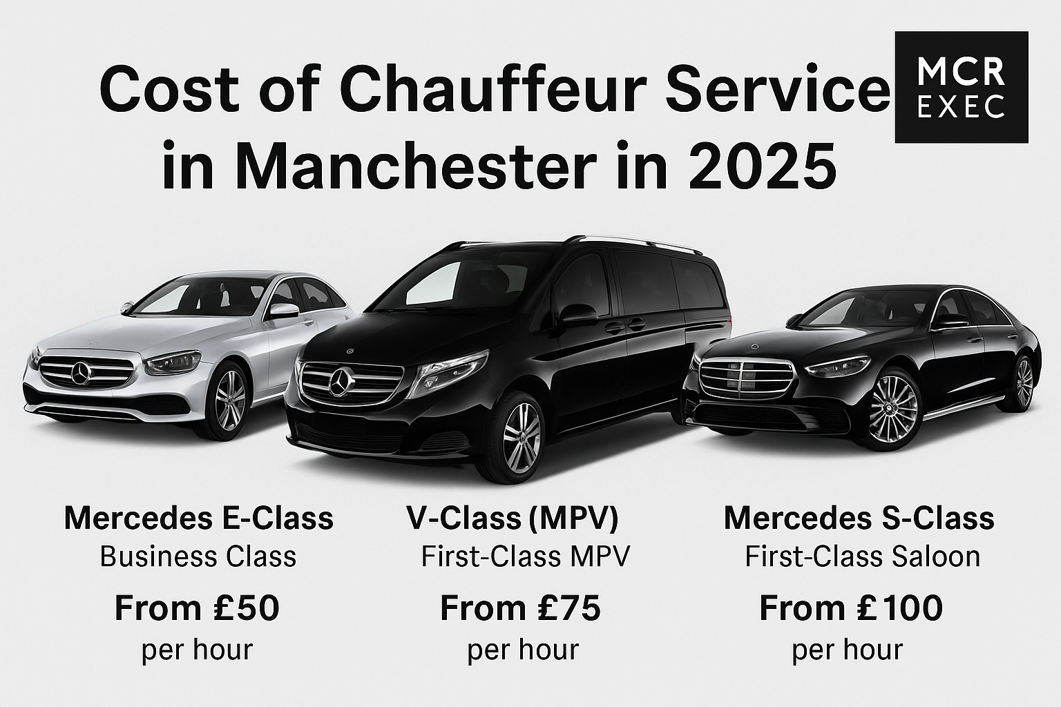 Cost of Chauffeur Service in Manchester 2025 MCR EXEC chauffeur fleet pricing table for Manchester chauffeur services