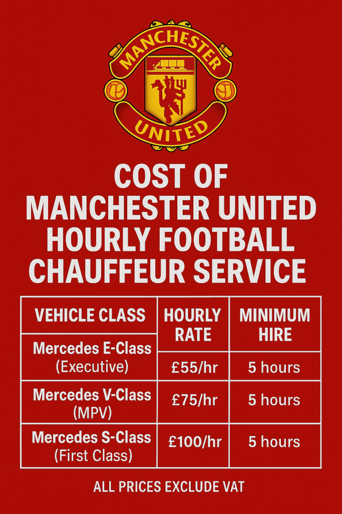 MCR EXEC promotional graphic showing hourly chauffeur rates for Manchester United football fans, set against a red background with white text and the Manchester United crest.