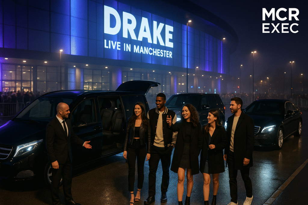 A group of five stylish friends arrive at night for a Drake concert at a Manchester venue, stepping out of a black Mercedes V-Class as an MCR EXEC chauffeur welcomes them; Range Rover and S-Class vehicles complete the luxury fleet in the VIP zone.