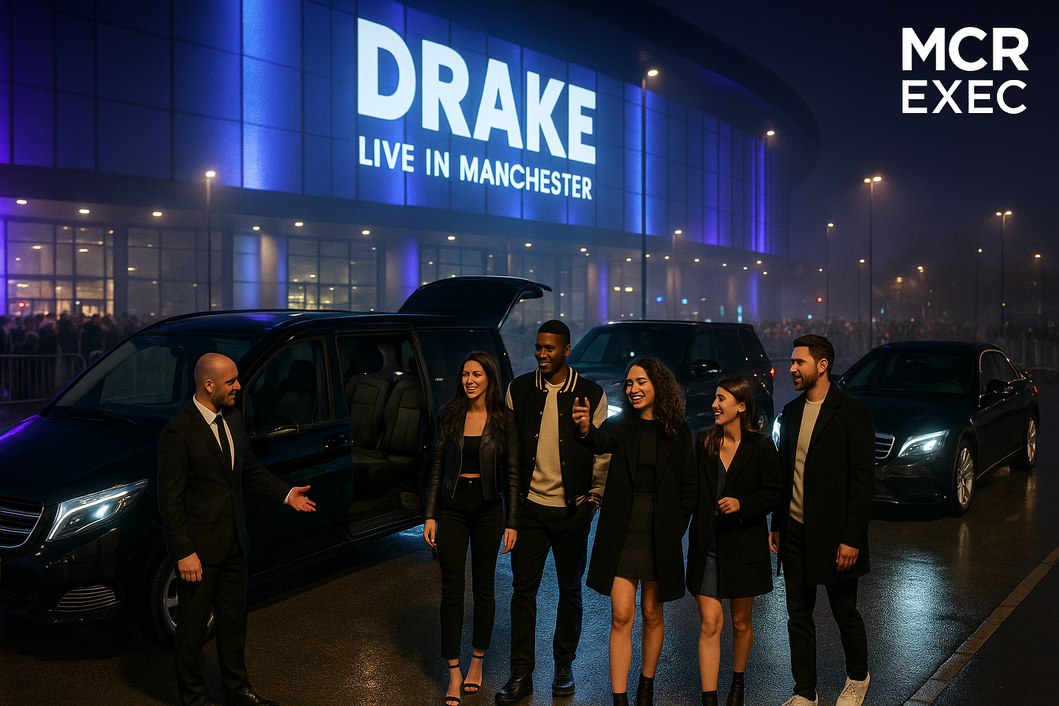 A group of five stylish friends arrive at night for a Drake concert at a Manchester venue, stepping out of a black Mercedes V-Class as an MCR EXEC chauffeur welcomes them; Range Rover and S-Class vehicles complete the luxury fleet in the VIP zone.