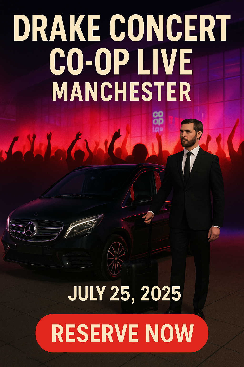 Promotional poster for Drake concert at Co-op Live Manchester on 25th July 2025 featuring a luxury black Mercedes MPV, professional chauffeur, vivid red lighting, and strong RESERVE NOW call to action.