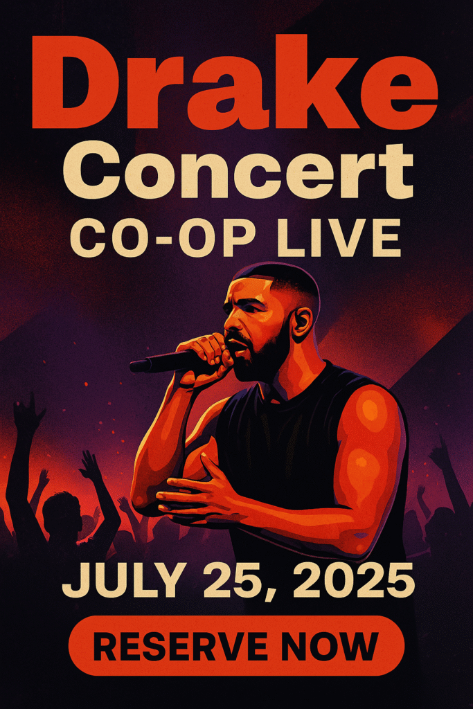 Striking digital poster for Drake concert Co-op Live Manchester showing a black Mercedes MPV, chauffeur, crowd silhouettes, and bold reserve now CTA.

