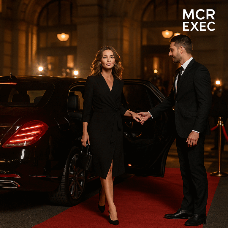 A woman in an elegant black dress steps out of a Mercedes S-Class onto the red carpet outside a Manchester venue, assisted by a professional chauffeur.