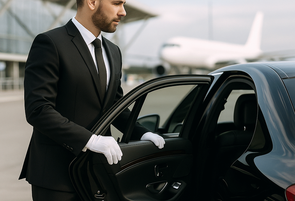 Professional chauffeur opening black luxury car door at Manchester Airport