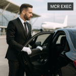 Professional chauffeur opening black luxury car door at Manchester Airport