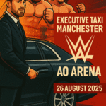 Cartoon-style promotional poster showing an MCR EXEC chauffeur beside a luxury vehicle with WWE wrestlers and ring in the background. Executive taxi Manchester WWE AO Arena