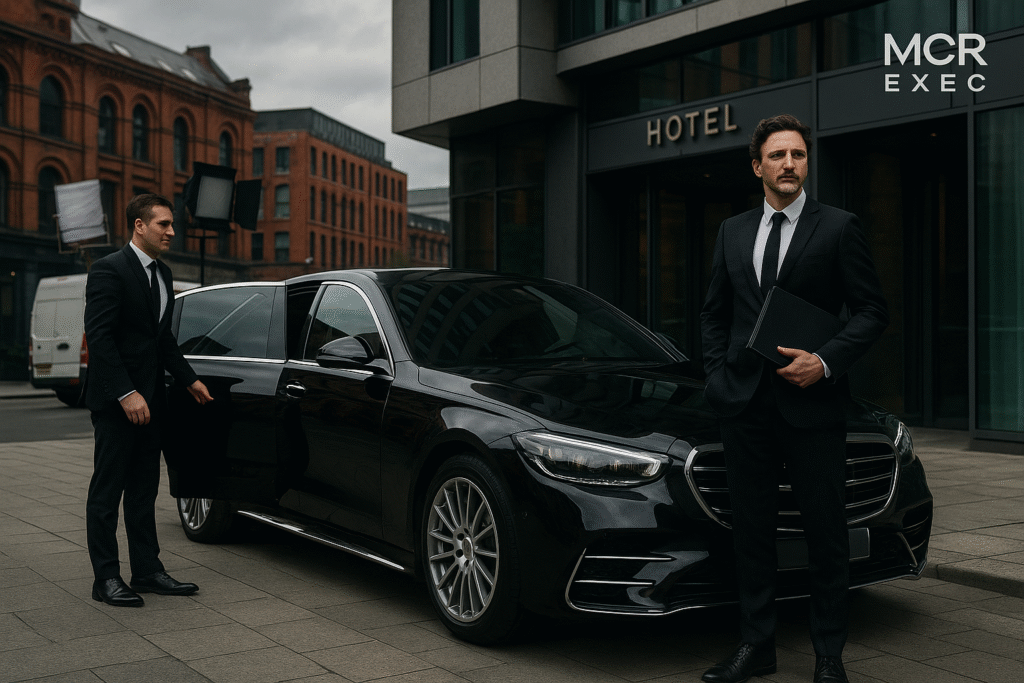 A luxury black Mercedes-Benz and a smartly dressed chauffeur assist a film director arriving for a shoot in Manchester, showcasing premium transport by MCR EXEC.