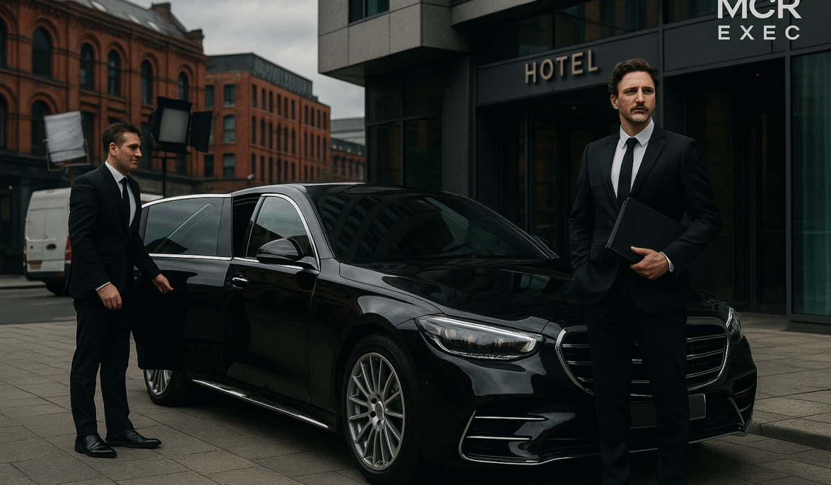 A luxury black Mercedes-Benz and a smartly dressed chauffeur assist a film director arriving for a shoot in Manchester, showcasing premium transport by MCR EXEC.