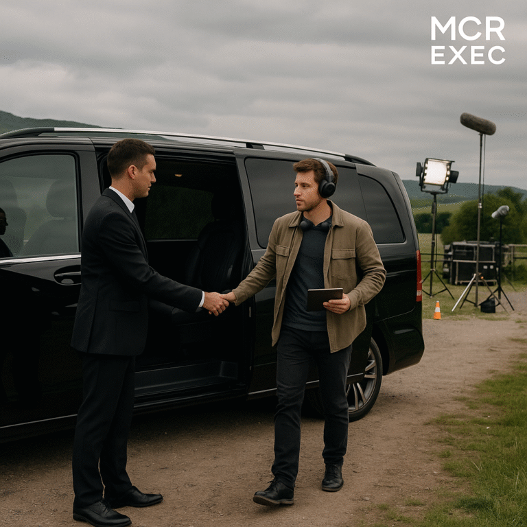 A film director wearing headphones shakes hands with a chauffeur beside a black Mercedes V-Class on a rural film set outside Manchester.
